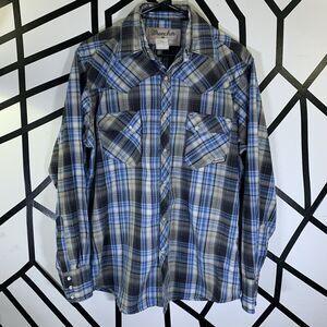 Vintage Wrangler Wrancher Blue Plaid Pearl Snap Up Western Cowboy Rodeo Shirt